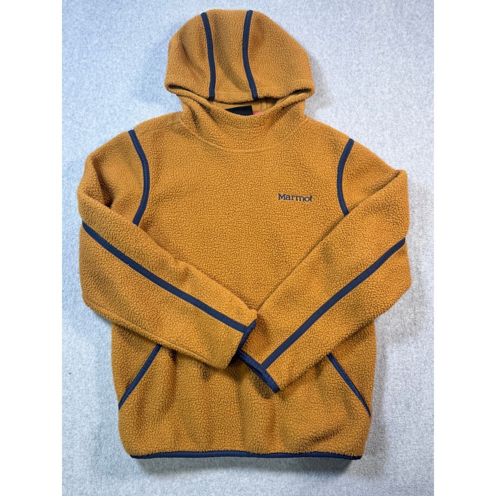 Marmot Womens Sherpa Fleece Hoodie Pullover Mustard Yellow Navy Blue Trim Small